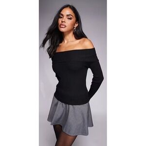 Princess Polly | Black Off The Shoulder Ribbed Knit Top Sweater | Size S/M